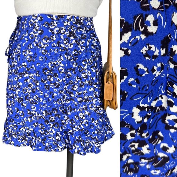 Zara Ruffle Faux Wrap Skirt Blue Floral Small - Picture 1 of 6